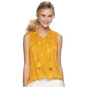 Rewind Yellow Smocked Yoke Tassel Boho Floral Summery Flowy Tank Top Juniors M